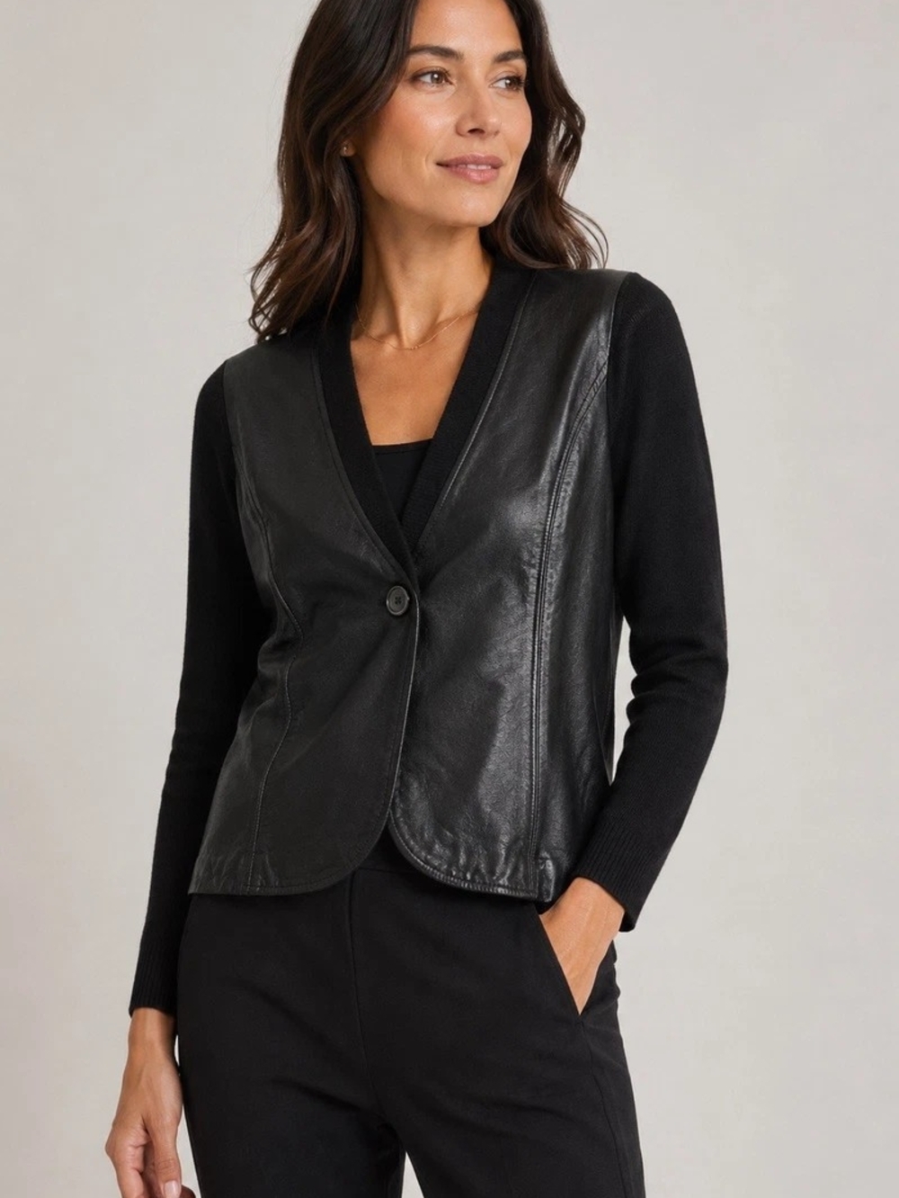 Black Leather  And Wool Vest Cardigan Jacket Minimalist Sleek Corporate Goth